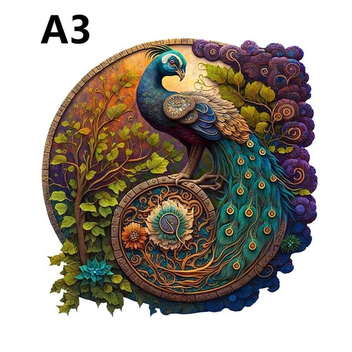 Round peacock wooden jigsaw - wooden,