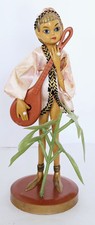 Tilso Pixie Elf Figurine Pink Robe Playing Lute Guitar, MCM Hong Kong 1960s, 8"