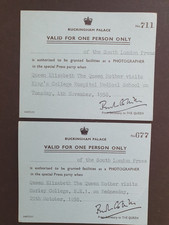 BUCKINGHAM PALACE  PHOTOGRAPHER PRESS PASS  x 2  QUEEN MOTHER  1958