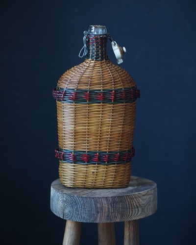 Vintage wicker covered glass - vintage,