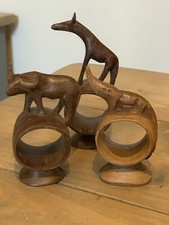 Very Old African Hand Carved Set Of Three Large Wood Napkin Rings Giraffe Croc 