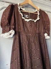 Vintage 70s Brown Satin Quad Prairie Dress With Lace & Frill - Size UK10