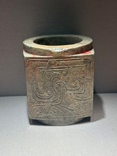 Chinese old Shang Dy green Jade carved phoenix bird Figure Cong 商代玄鸟纹玉琮礼器