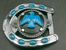Western Horseshoe Eagle Belt Buckle 7.5x8cm Chrome Blue Enamel Fits 5cm Strap