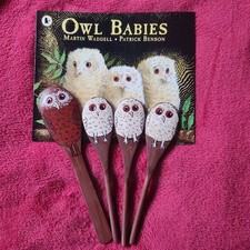 OWL BABIES BOOK & HAND PAINTED WOODEN STORY TELLING SPOONS EYFS CHILDMINDER