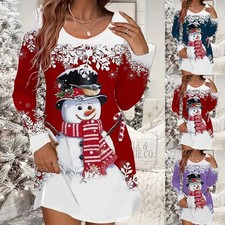 Women Christmas Long Sleeve T Shirt Dress Ladies Xmas Party Snowman Mini Dresses