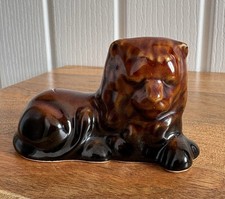 Vintage Brown Treacle Glaze Pottery Lion Figure Ornament 3.5” *Makers Sticker