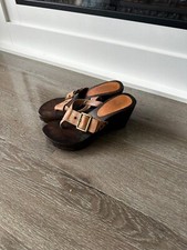 faith sandals size 4 Mules Y2K 2000s Leather Heels Tan Wooden