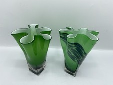 Pair of mid century green-cased white ruffle / handkerchief vases  14x 11 cm