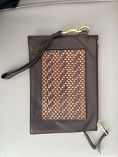 Massimo Dutti Brown Leather Woven Clutch Pouch Bag with Gold Zip – Excellent