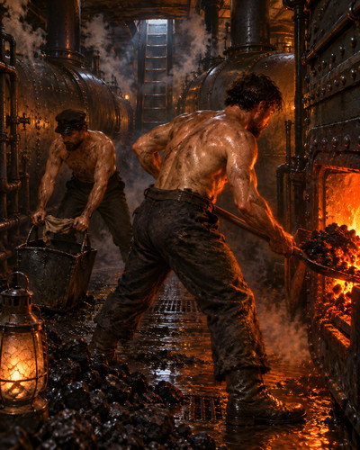 Coal heavers feed river - coal,