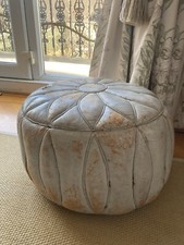 Vintage Moroccan? Grey Leather Pouffe Stool 1970s BOHO Seat Wood Wool Filling
