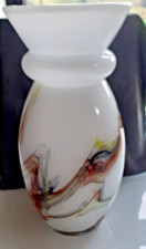 Large white opaline marbled glass vase 40.5cm high with multi-coloured pattern