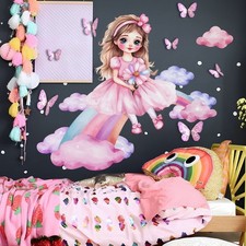 Rainbow Girls Wall Sticker Girls Nursery Bedroom Decor Decals with 3D Butterfly