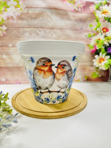 Robin flower pot - ., hand-painted