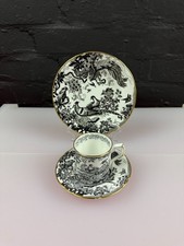 Royal Crown Derby Black Aves A.1310 Coffee Trio Cup Saucer and Side Plate Set
