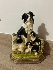 Vintage Border Collie Mother Dog  & 2 Puppies w/ Lamb  Cast Iron Metal Doorstop