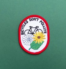 BICYCLES DON'T POLLUTE Iron On Patch: eco bike flowers nature cycling fan gift