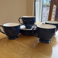4 X Denby Boston Blue Cups and Saucers Stoneware 8.5cm diameter 