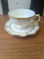 Antique Royal Crown Derby Jeweled Ruffle Gold Gilt Teacup &  Saucer Set Lombardy