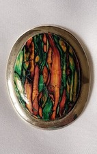 Brooch ~ Green, Orange-Brown Centre ~ Silver Tone Metal ~ Oval
