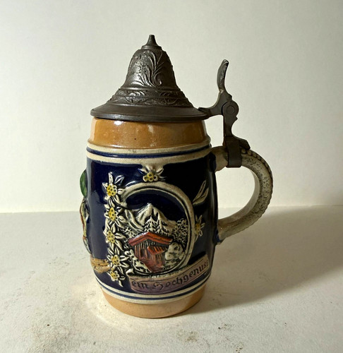 Ceramic beer stein with hinged - stein,