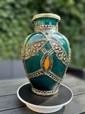 Vintage Handmade Moroccan Berber Vase with Silver Onlay and Gemstones