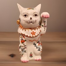 Vintage Seto Maneki Neko Lucky Cat Japanese Pottery Hand painted Floral Design