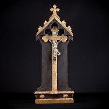 House Altar | Antique Wooden Crucifix Shrine | 1800s Silver Plated Christ 23.6"