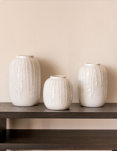 Cream ceramic ribbed vase - ceramic, 3