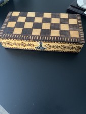 Vintage Pokerwork Wood Travel Chess Set Hand-Burned Folk Art Mid-20th Century