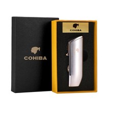 New Silver Windproof Butane Lighter Triple Jet Flame Gas Torch Cigar with Punch