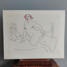 Original Pencil Portrait Nude Couple Bed FK Owen Simple Minimal Line Drawing