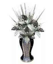 BLACK SILVER VASE WITH FLOWERS MOSAIC CRUSHED CRYSTAL ROMANY BLING 30cms 🏺