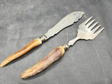 ANTIQUE SILVER PLATED FISH SERVING KNIFE & FORK SET WITH ANTLER HANDLES