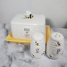 English Tableware Co. Bee Happy Butter Dish Salt Pepper Yellow Bees VGC