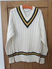 Vintage Mens Cricket Jumper Cable Knit 42" Large V Neck Knitted Retro 