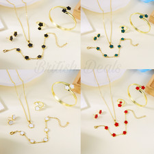 Women Clover Jewellery Set 5 Pcs Gold Tone Necklace Earrings Bracelet Ring Gift