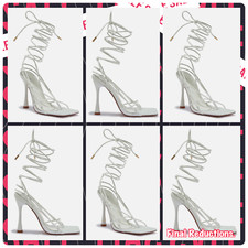 SALE LADIES WHITE SIZE 3-8 BEARLY THERE HIGH KITTEN HEEL SQUARE TOE TIE SANDALS