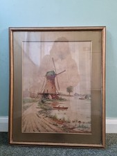 Large Dutch Windmill By A River, With Figures. Watercolour Scene. Signed Dated