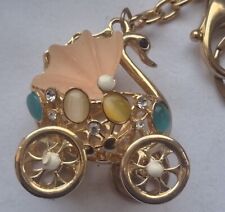 Retro Keyring Gold Metal Rhinestone Diamante Bling Crystals Swan Pram 4 wheels 