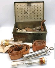 Vintage c.1930s First Aid Tin – Leather Tourniquets, Glass Syringes, Etc