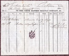 1868 BILTON STATION THE HALL ALNMOUTH TO THE NER CO INVOICE? QV 1d REVENUE STAMP