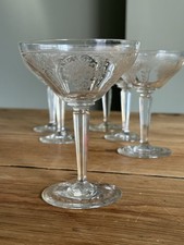 6 x Antique Etched Crystal Champagne Coupes Cocktail Glasses Hand Blown