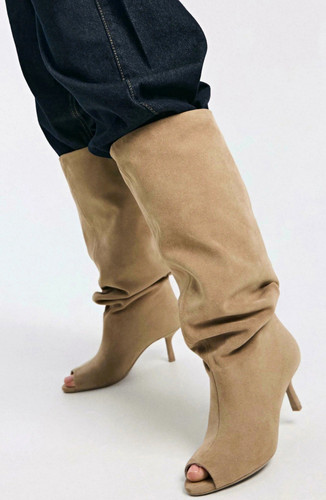 Women beige suede knee - suede,