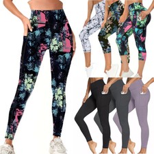 Ladies Casual Cropped Leggings High Waist Sport Running 3/4 Capri Pants Pockets