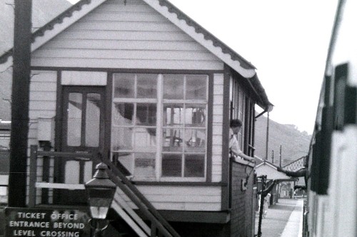 Signal box from train w - signal, (b/w