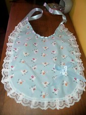 BLUE ALPACA   ADULT BABY SISSY BIB SATIN TIES PLASTIC BACKED LACE TRIM