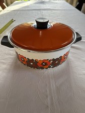 Vintage Enamel Floral Twin Handled Casserole Pan Stock Pot - Flowers