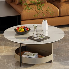 Coffee Table Accent Center Table Display Sintered Stone Top Saddle Leather Shelf